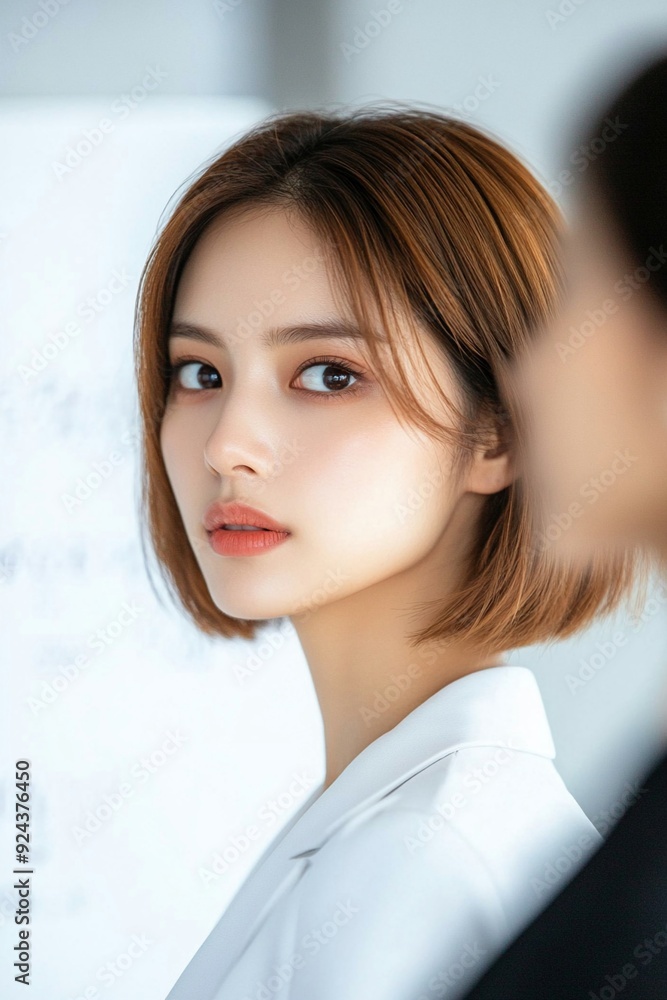 Young Asian businesswoman, short hair, confident in a chic office, surrounded by diverse team members, brainstorming on a whiteboard Young Asian businesswoman, short hair, confident in a chic office, surrounded by diverse team members, brainstorming on a whiteboard
