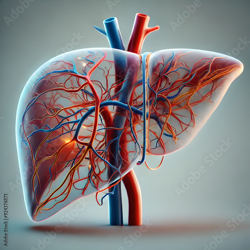 Human liver Anatomy: detailed 3D model of the human liver, showing the blood supply and the biliary system, blood flow,  structure, blood vessels, medical education.