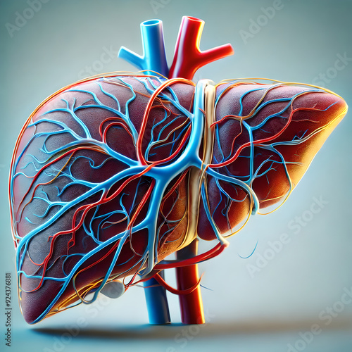 Human liver Anatomy: detailed 3D model of the human liver, showing the blood supply and the biliary system, blood flow,  structure, blood vessels, medical education. photo