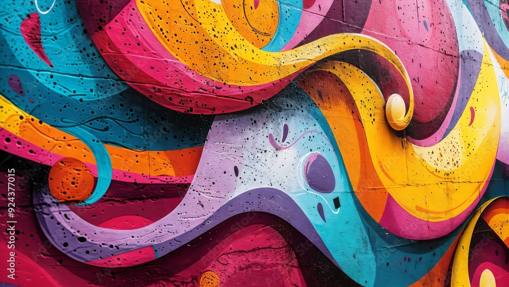 Fototapeta premium An explosion of color ripples through the wall, transforming urban space into a canvas alive with swirling shapes and harmonious tones inviting exploration and creativity.