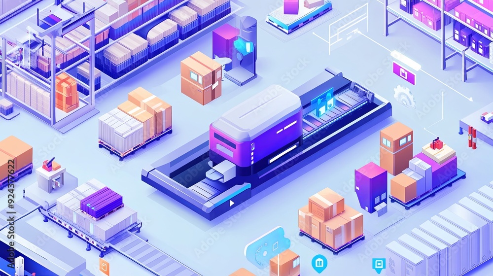 Isometric illustration of a smart warehouse management system, highlighting inventory control with IoT devices. Depict various sections of the warehouse, including shelving units Isometric illustration of a smart warehouse management system, highlighting inventory control with IoT devices. Depict various sections of the warehouse, including shelving units