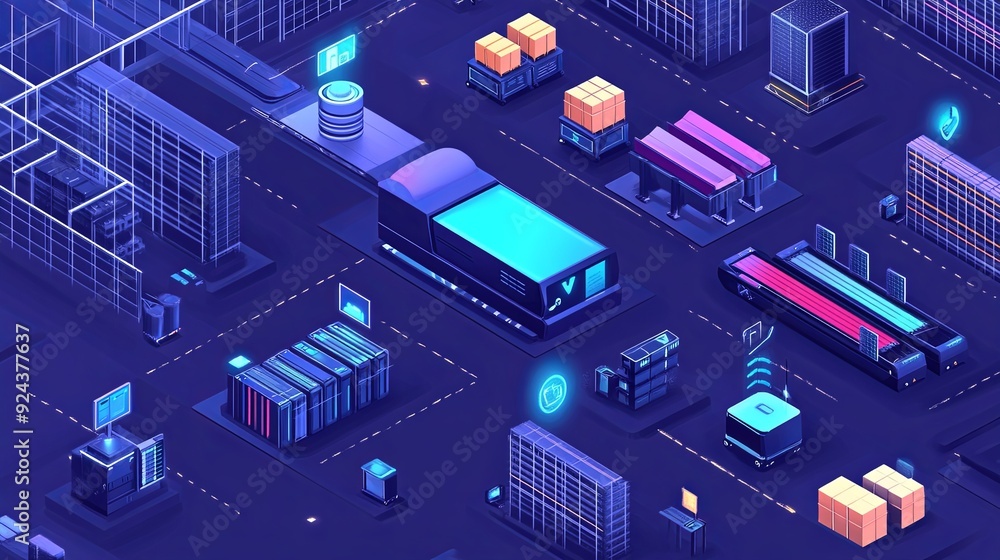 Fototapeta premium Isometric illustration of a smart warehouse management system, highlighting inventory control with IoT devices. Depict various sections of the warehouse, including shelving units