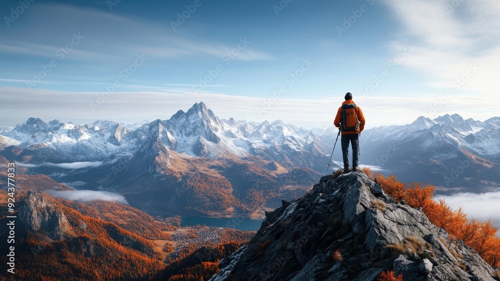 Lone hiker on mountain peak surrounded by panorama of autumn foliage. Lone hiker on mountain peak surrounded by panorama of autumn foliage.