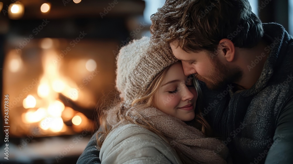 Lovers sharing tender kiss in cozy cabin, illuminated by fireplace. Lovers sharing tender kiss in cozy cabin, illuminated by fireplace.