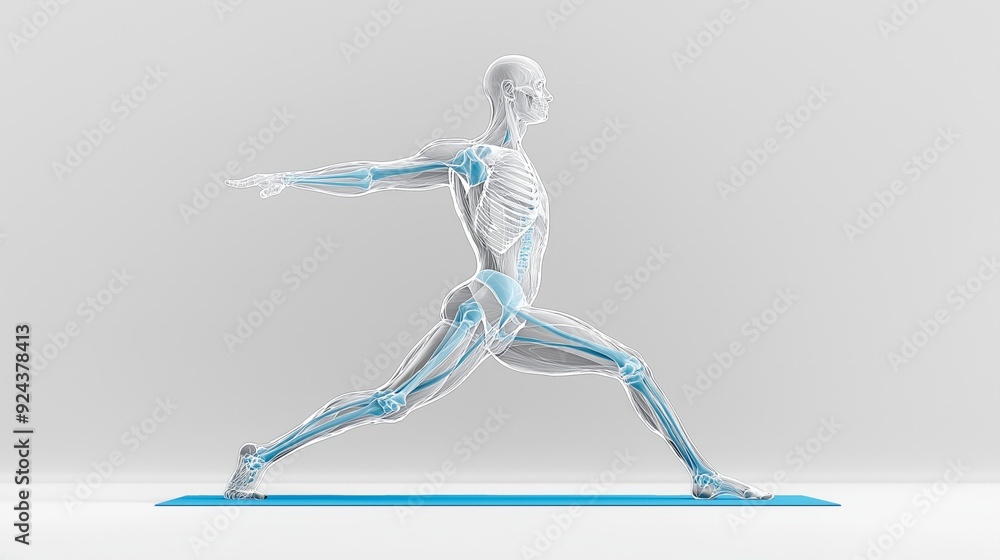 A transparent human figure demonstrates a yoga pose, showcasing anatomy in motion. Ideal for health and fitness concepts. A transparent human figure demonstrates a yoga pose, showcasing anatomy in motion. Ideal for health and fitness concepts.