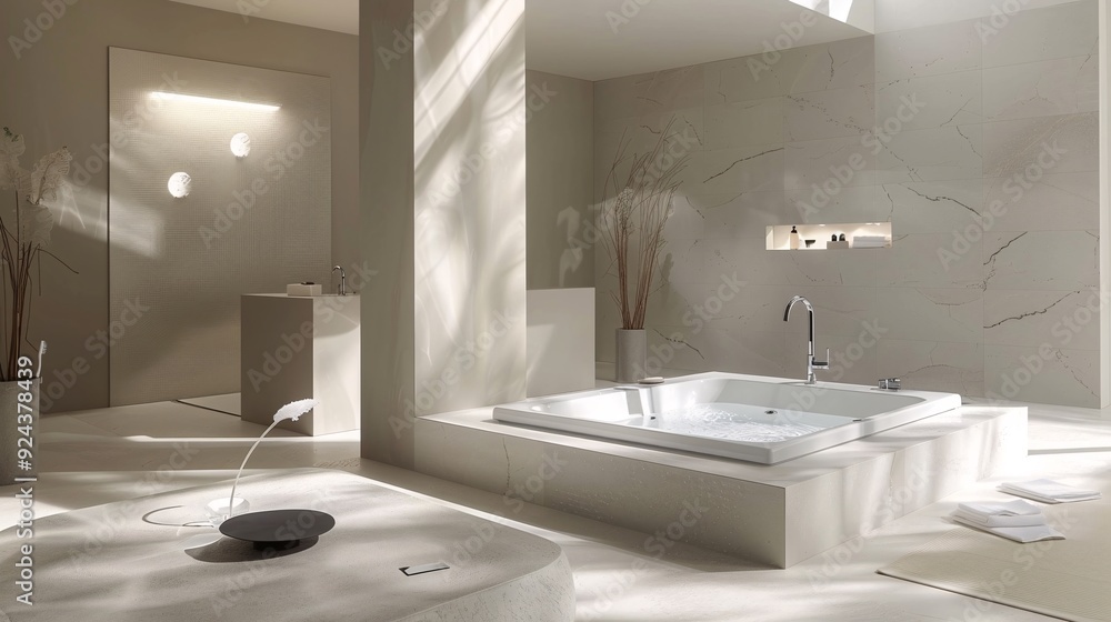Elegant minimalist bathroom with modern fixtures and a spa-like atmosphere, captured in ultra-clear detail. With copy space for text Elegant minimalist bathroom with modern fixtures and a spa-like atmosphere, captured in ultra-clear detail. With copy space for text