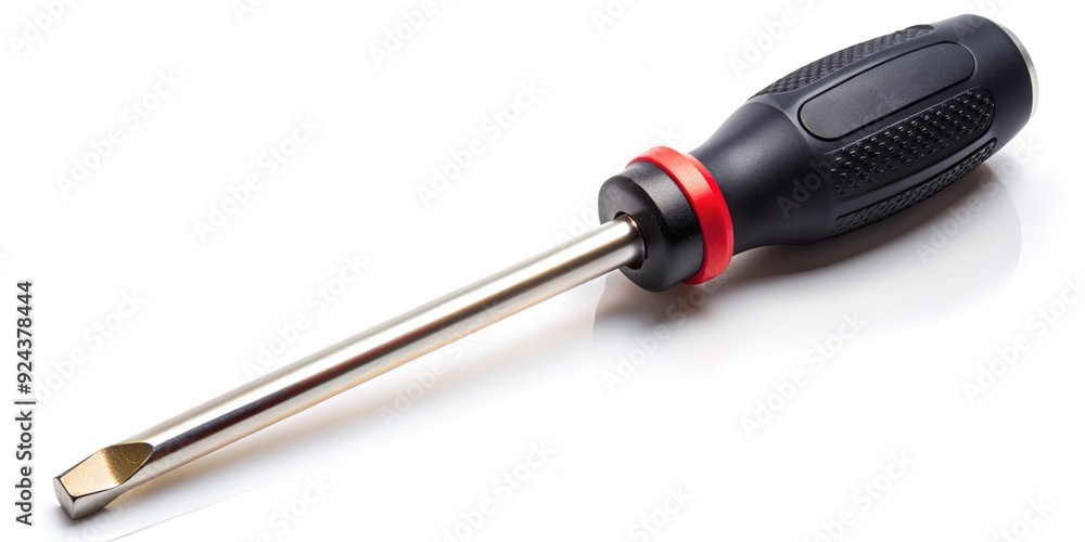 Close-up of a Phillips head screwdriver with a durable chrome-plated steel shaft and an insulated black rubber grip for safe and secure handling. Close-up of a Phillips head screwdriver with a durable chrome-plated steel shaft and an insulated black rubber grip for safe and secure handling.