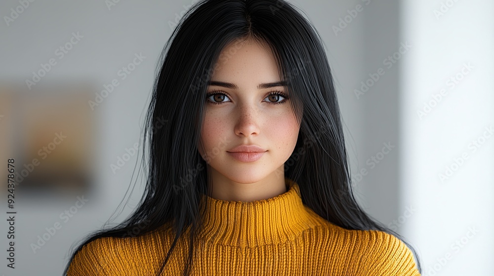 semi close-up of a 3D animated woman with long black hair, wearing a yellow sweater, thoughtful expression on her face, neutral background, focus on her introspective mood and realistic facial semi close-up of a 3D animated woman with long black hair, wearing a yellow sweater, thoughtful expression on her face, neutral background, focus on her introspective mood and realistic facial