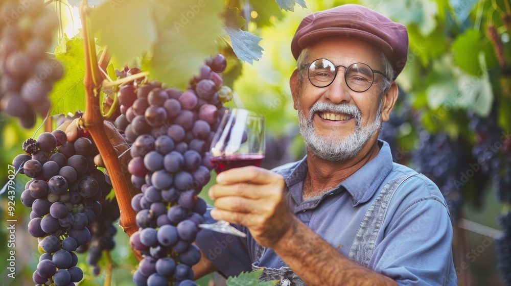 Obraz premium Peasants celebrate successful harvest, toasting with wine in vineyard amidst grapevines