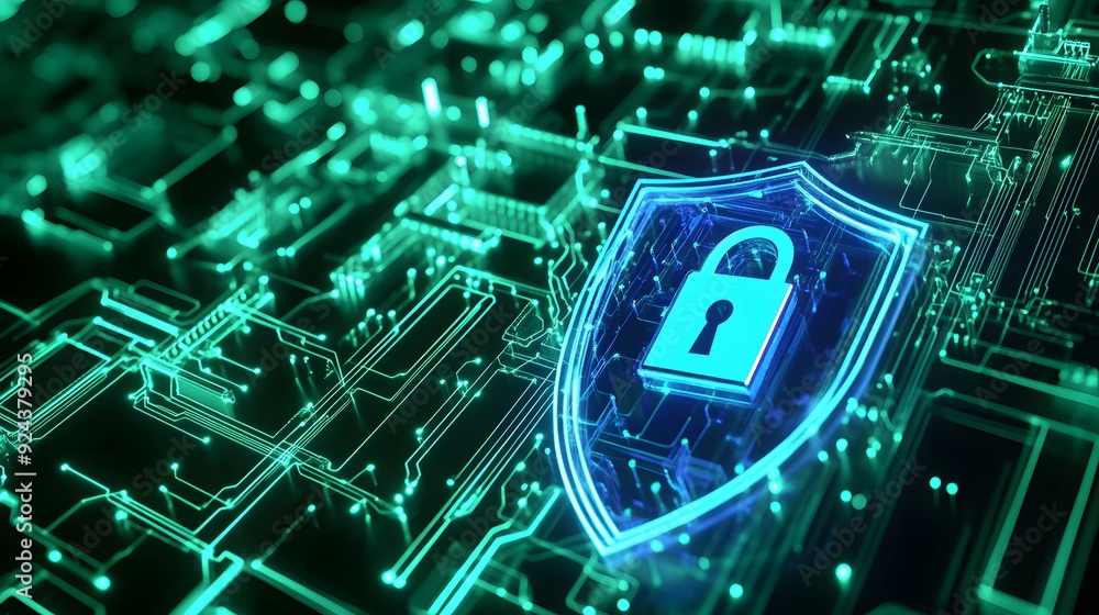 Futuristic cybersecurity shield with lock icon on digital motherboard, representing data protection, cybersecurity, and digital information security. Futuristic cybersecurity shield with lock icon on digital motherboard, representing data protection, cybersecurity, and digital information security.