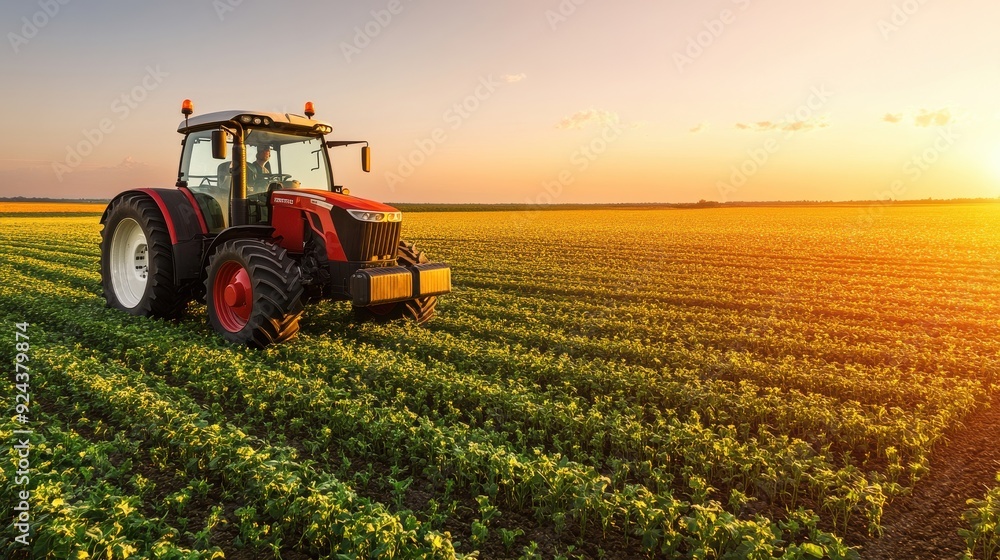 A vibrant sunset view of a red tractor working in a lush green field, symbolizing modern agriculture and farming. A vibrant sunset view of a red tractor working in a lush green field, symbolizing modern agriculture and farming.