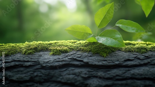 Close-up of mossy bark with sunlight filtering through leaves.