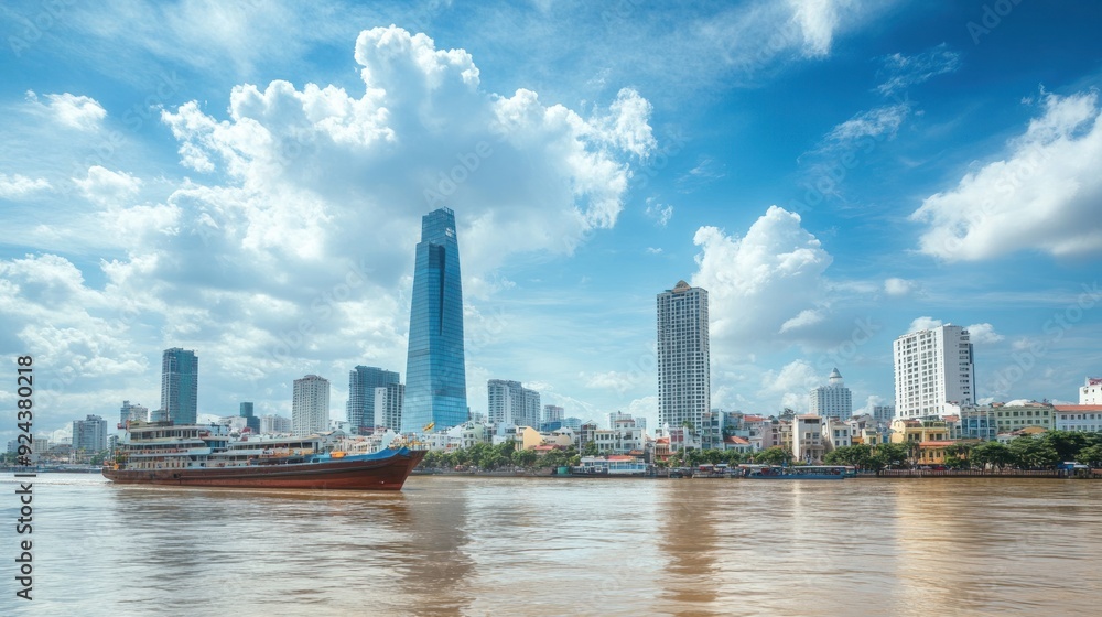 Obraz premium Cityscape with a Boat on the River
