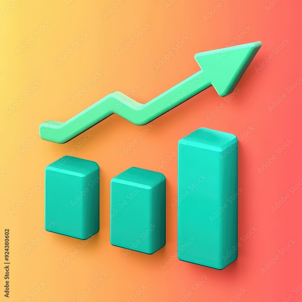 A vibrant 3D icon featuring a green upward arrow soaring above a bar graph in striking red, green, and orange hues. A vibrant 3D icon featuring a green upward arrow soaring above a bar graph in striking red, green, and orange hues.