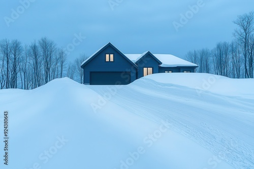 Snowdrifts removed from the driveway of a modern single-family home following a blizzard.






