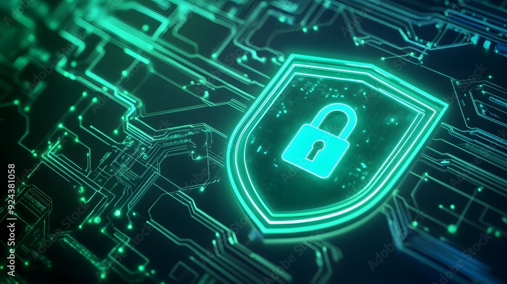 Fototapeta premium Futuristic digital shield symbolizing cybersecurity protection with a glowing lock icon on a complex network background.