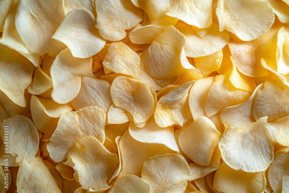 Texture Of Scattered Fried Potato Chips On A Flat Surface, Created With Artificial Intelligence Texture Of Scattered Fried Potato Chips On A Flat Surface, Created With Artificial Intelligence