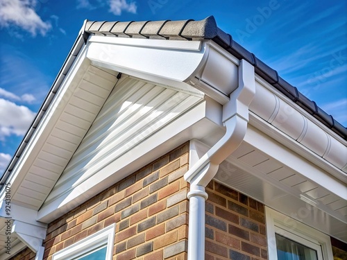 Close-up of freshly installed white uPVC soffit boards below facia along the roofline of a house, demonstrating a clean and modern exterior home renovation.
