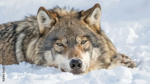 A wolf rests in the snow, looking directly at the camera.