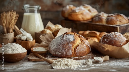 Assortment of freshly baked breads, flour, and milk on rustic wooden table.