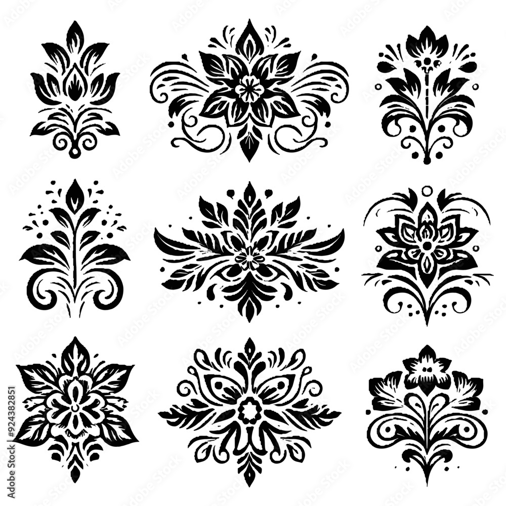 Elegant black and white damask floral designs, perfect for vintage and classic-themed decorative projects. Elegant black and white damask floral designs, perfect for vintage and classic-themed decorative projects.