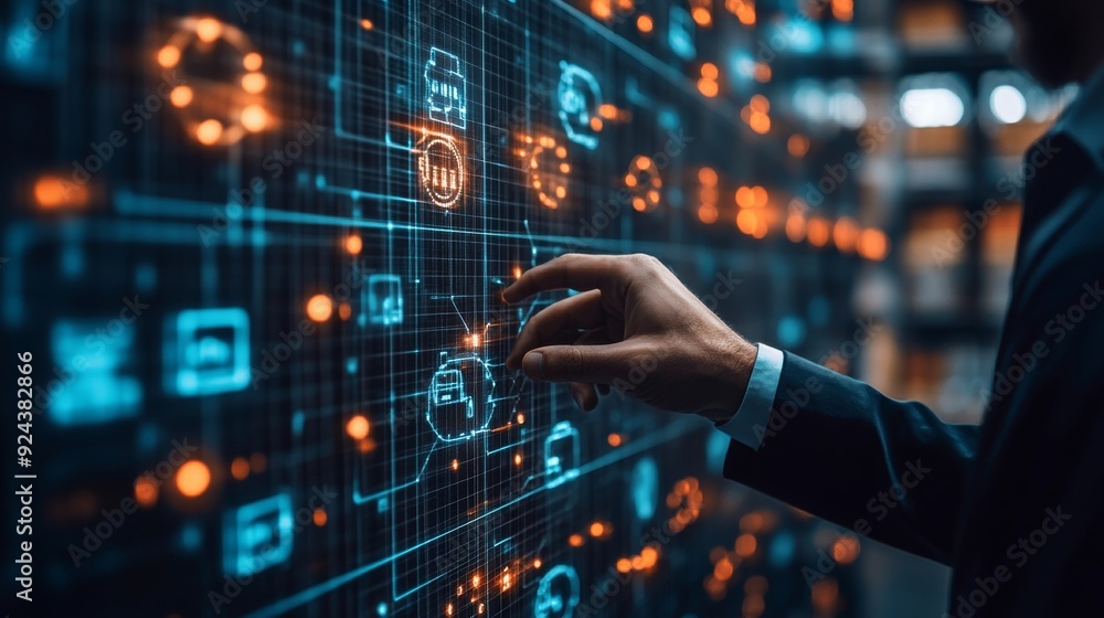 Global logistics network distribution and transportation, Smart logistics, supply chain concept, Business man touching on interface panel of global network, Generative AI Global logistics network distribution and transportation, Smart logistics, supply chain concept, Business man touching on interface panel of global network, Generative AI