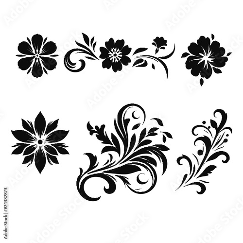 Elegant black and white floral vector designs with intricate details, perfect for decorative and artistic projects.