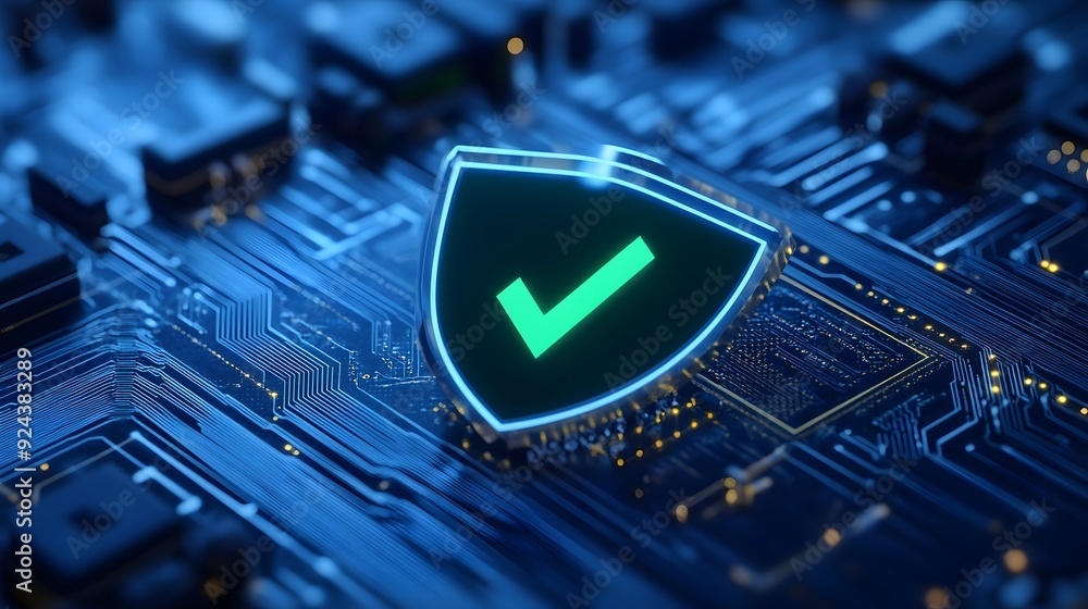 Glowing digital security shield with checkmark on a blue circuit board, representing cybersecurity and data protection. Glowing digital security shield with checkmark on a blue circuit board, representing cybersecurity and data protection.