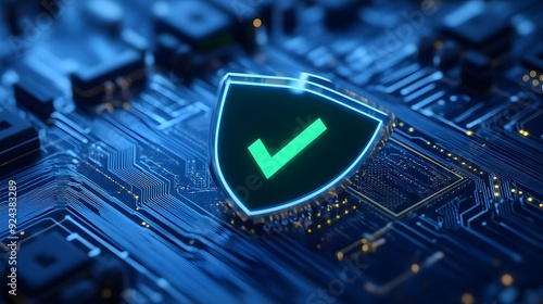 Glowing digital security shield with checkmark on a blue circuit board, representing cybersecurity and data protection.