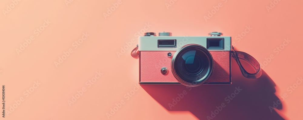 Fototapeta premium Vintage camera on a pink background with shadow.