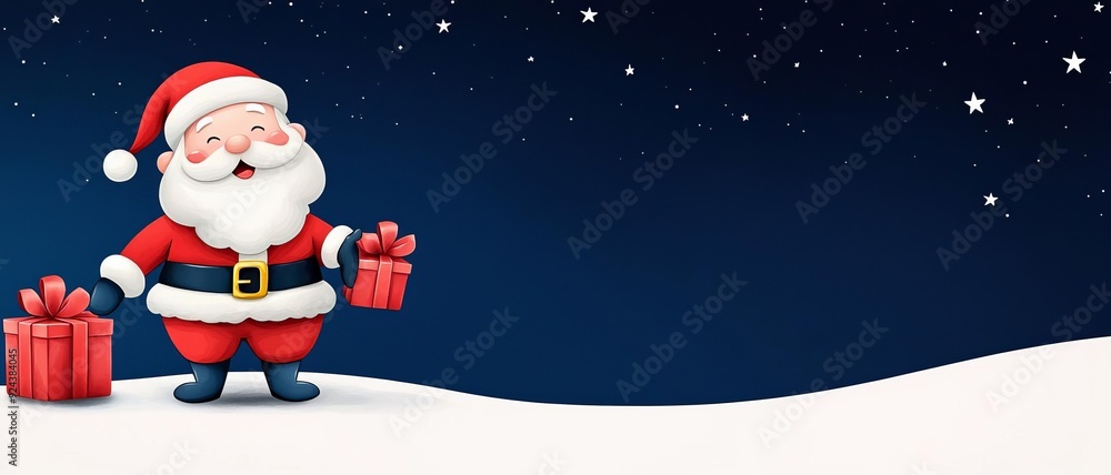 Cheerful Santa Claus in a snowy landscape holding colorful gifts under a starry night sky, perfect for holiday designs. Cheerful Santa Claus in a snowy landscape holding colorful gifts under a starry night sky, perfect for holiday designs.