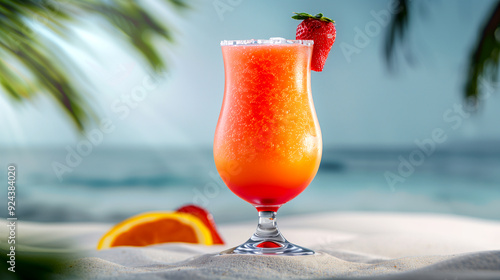 A glass of orange and pink drink with a strawberry on top. The drink is in a tall glass and is sitting on a sandy beach