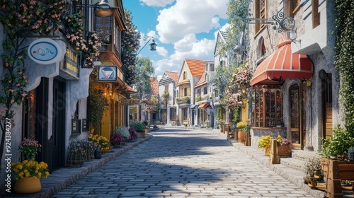 A charming cobblestone street lined with colorful buildings and flower boxes under a sunny sky.