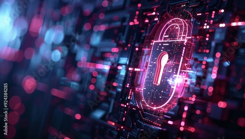 A Striking Visualization of Digital Security, Featuring a Bright Lock Icon Amidst a Deep Blue and Red Glow, Symbolizing Protection in the Modern Cyber Landscape.