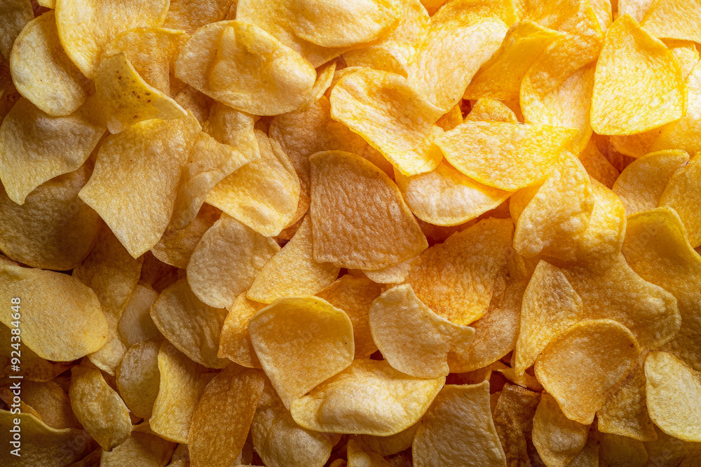 Texture Of Scattered Fried Potato Chips On A Flat Surface, Created With Artificial Intelligence Texture Of Scattered Fried Potato Chips On A Flat Surface, Created With Artificial Intelligence