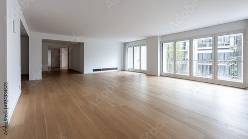 semi close-up of an airy empty room with wooden floors, large windows, and minimal decor, natural sunlight filling the space, neutral wall colors enhancing the calm and open feel, focus on simplicity