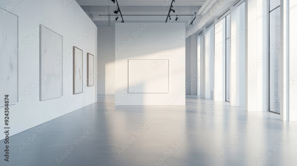 A modern gallery space with white walls, large windows and framed artwork. Sunlight streams through the windows, creating a bright and airy atmosphere. A modern gallery space with white walls, large windows and framed artwork. Sunlight streams through the windows, creating a bright and airy atmosphere.