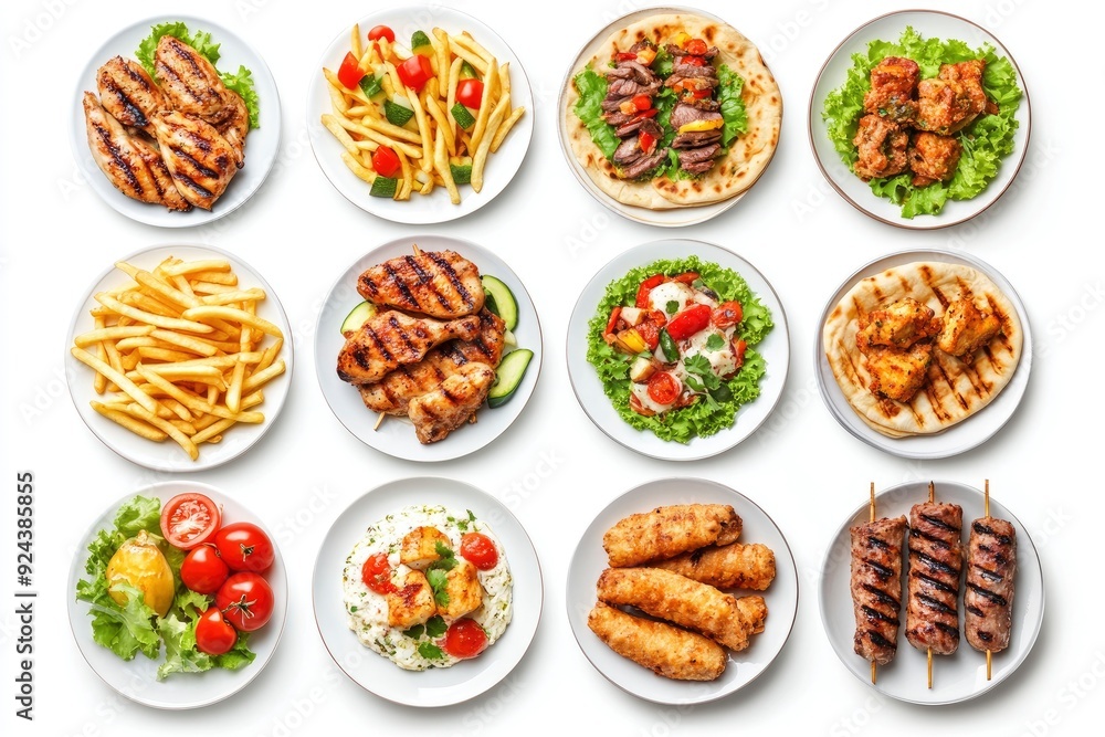 Set of various plates of food, top view, isolated on white background. with generative ai Set of various plates of food, top view, isolated on white background. with generative ai