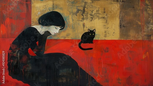 Abstract painting of a woman and a cat.