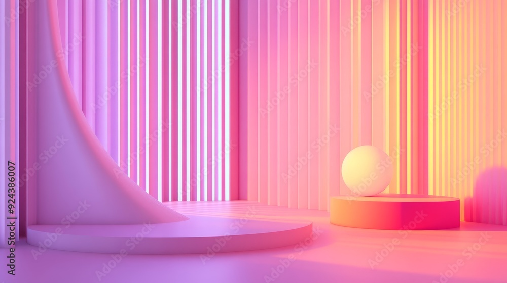 Abstract minimal pink and orange gradient background with podium and sphere. Perfect for product display or presentation. Abstract minimal pink and orange gradient background with podium and sphere. Perfect for product display or presentation.