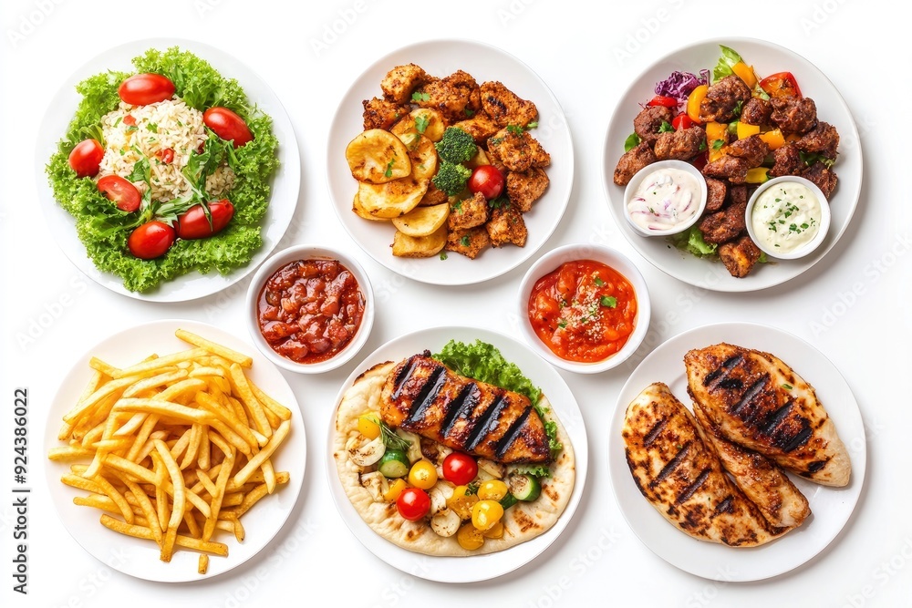 Set of various plates of food, top view, isolated on white background. with generative ai Set of various plates of food, top view, isolated on white background. with generative ai