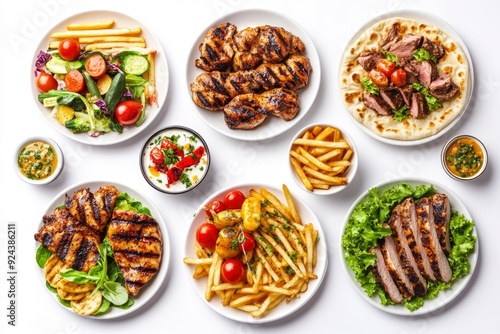 Wallpaper Mural Set of various plates of food, top view, isolated on white background. with generative ai Torontodigital.ca