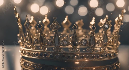 Queen King's gold crown on the table, simple background