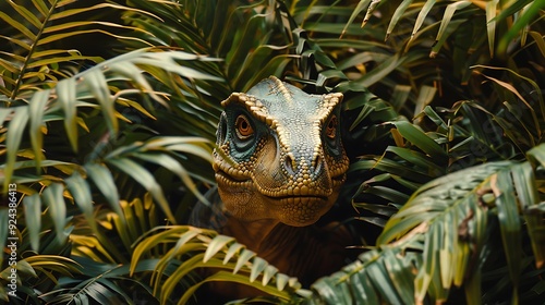 A vibrant lifelike model of a dino peeps out from a tropical scene encircled by thick plants photo