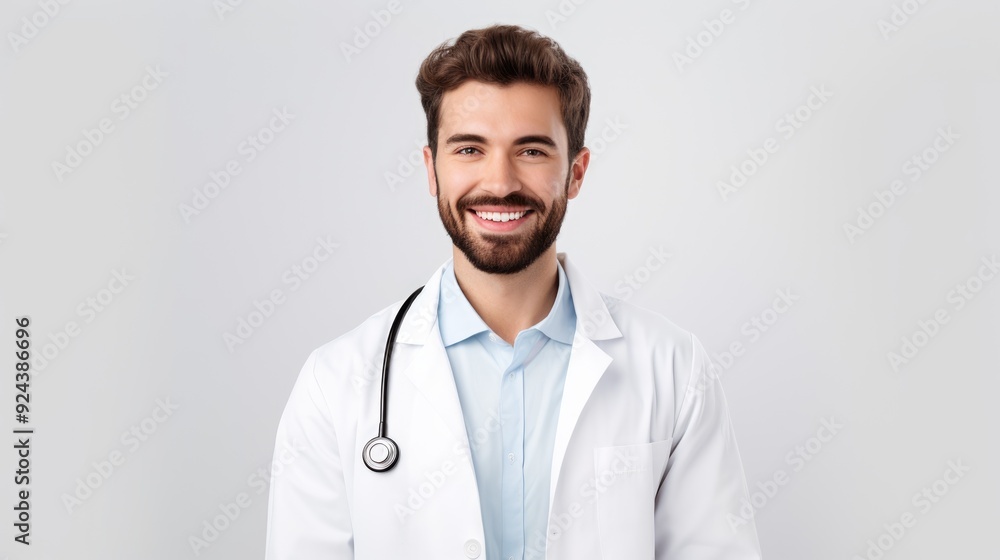 Bright and cheerful young doctor in a white coat, smiling and looking directly at the camera with a white background,on white background ,generative ai Bright and cheerful young doctor in a white coat, smiling and looking directly at the camera with a white background,on white background ,generative ai