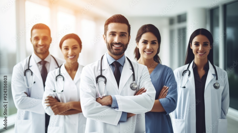 Confident group of doctors with arms crossed, smiling and standing in a hospital environment,generative ai Confident group of doctors with arms crossed, smiling and standing in a hospital environment,generative ai