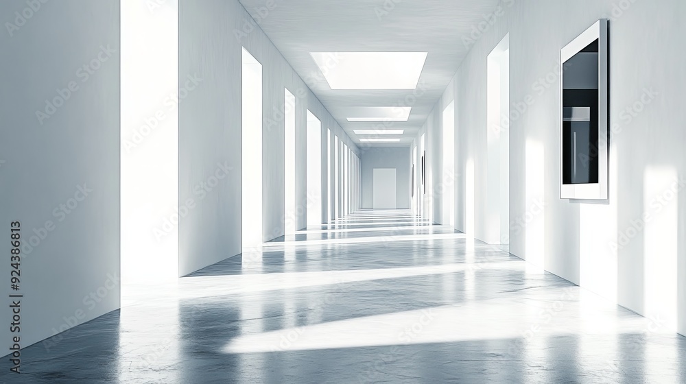 A long, white hallway with a polished concrete floor, sunlight streaming through windows. Minimalist design. A long, white hallway with a polished concrete floor, sunlight streaming through windows. Minimalist design.