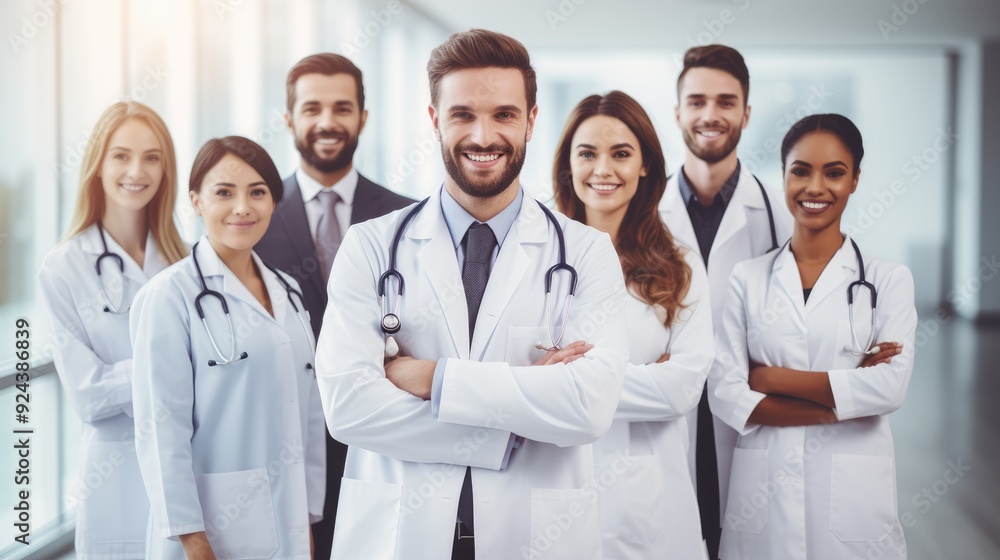 Confident group of doctors with arms crossed, smiling and standing in a hospital environment,generative ai Confident group of doctors with arms crossed, smiling and standing in a hospital environment,generative ai