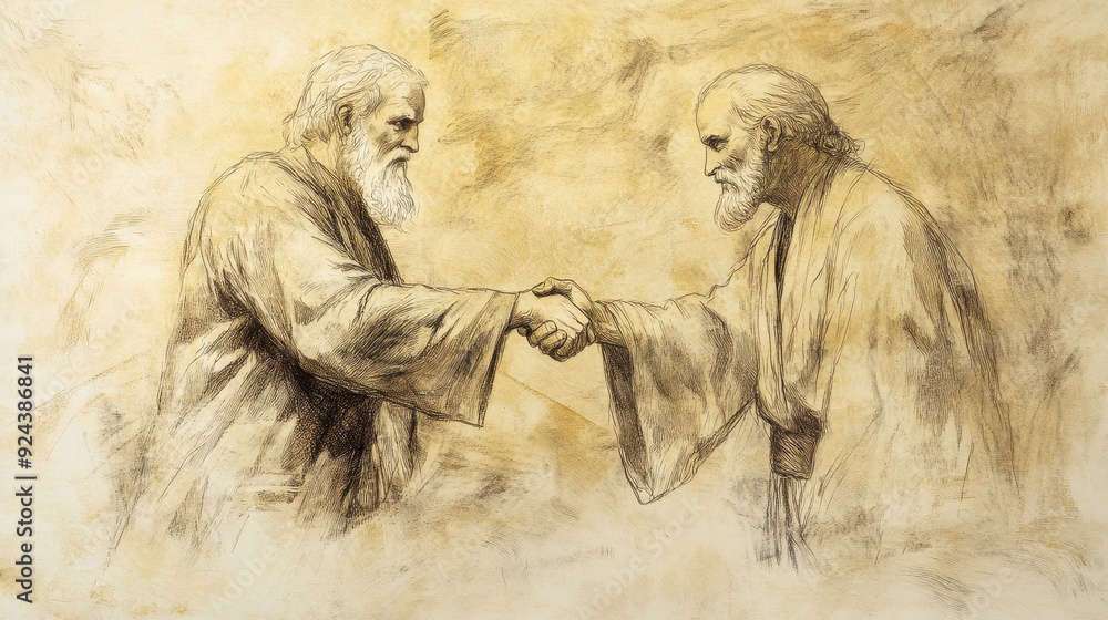 Fototapeta premium Numbers: Biblical Illustration Featuring Handshake After Restitution, Beige Background, Perfect for Faith-Based Educational Materials and Reconciliation Studies