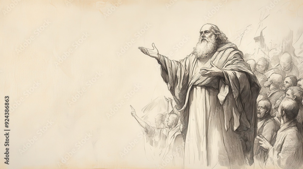 Fototapeta premium Numbers: Biblical Illustration Featuring Moses Addressing Gratitude, Beige Background, Perfect for Faith-Based Educational Materials and Leadership Studies